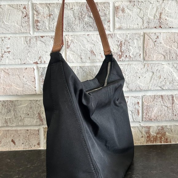 Kate Spade Purse, Black Nylon with Camel Leather Trim, Shoulder Strap Zipper Top - Picture 2 of 9